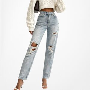 White Fox Boutique High Waisted Distressed Ripped Knee Cropped Mom Jeans Size XS